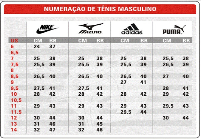 Tabela de numeração de tênis masculino varias marcas