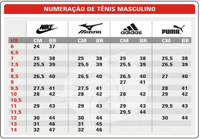 tabela de medidas tenis